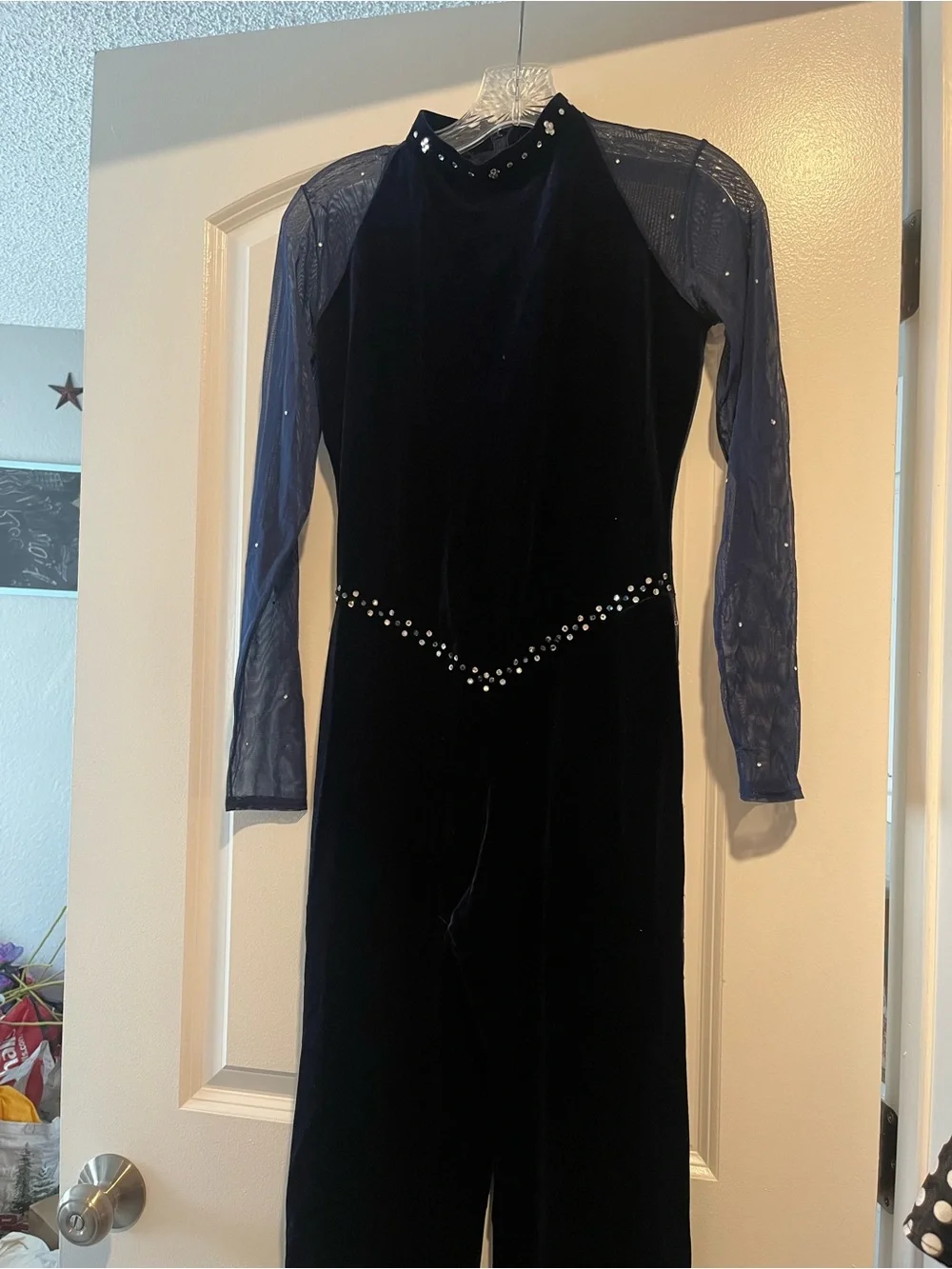 Custom Made Navy Velvet Jazz Dance Unitard with Sheer Sleeves and Crystals